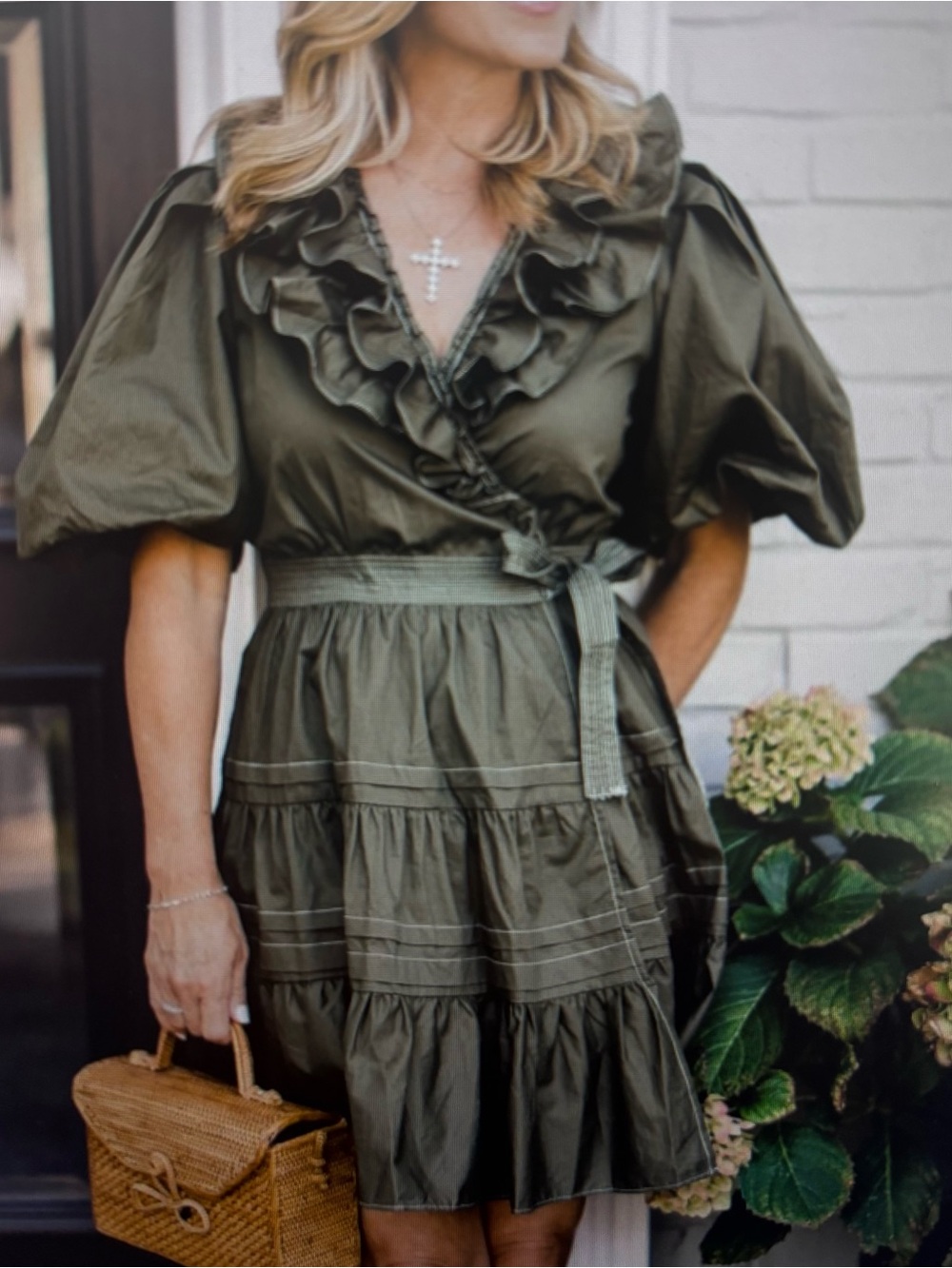 En Saison Olive Green Ruffle Wrap Mini Dress